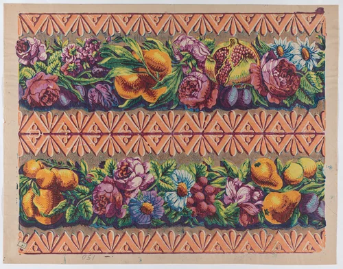 Sheet with a border with two garlands of fruit, leaves, and flowers by anonymous, print, 1775-1875