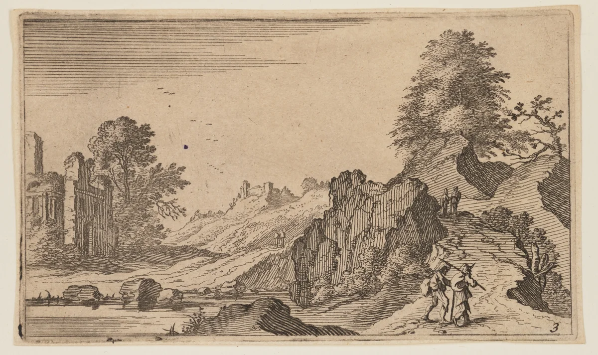 Three Pedestrians on a Wooden Bridge across a Stream, from Twelve Landscapes by Gillis van Scheyndel, print, 1605-1650