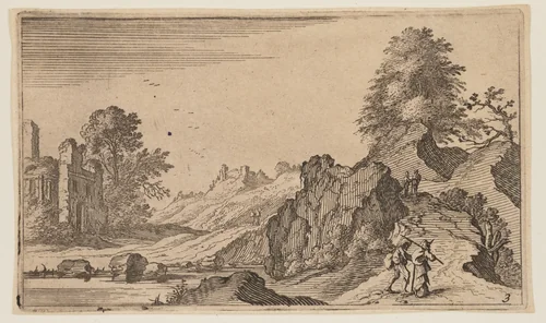 Three Pedestrians on a Wooden Bridge across a Stream, from Twelve Landscapes by Gillis van Scheyndel, print, 1605-1650