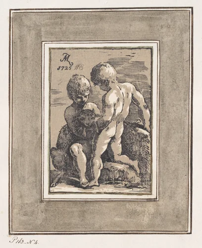 Two Children Playing with a Lamb by Anton Maria Zanetti, print, 1725
