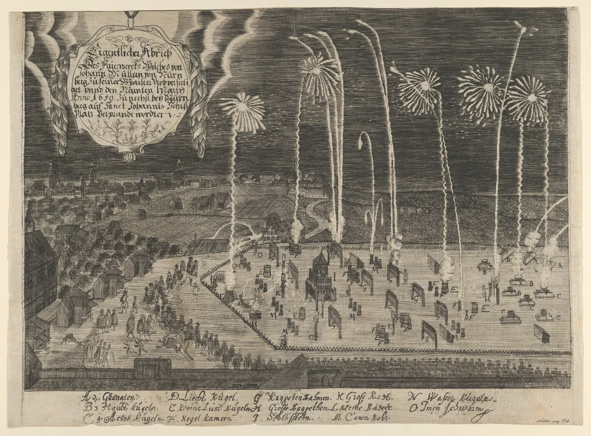 A faithful representation of the fireworks display presented by Johann Müller as proof of his Mastership, Johannis Schiessplatz, Nuremberg, 1659 by anonymous, print, 1659