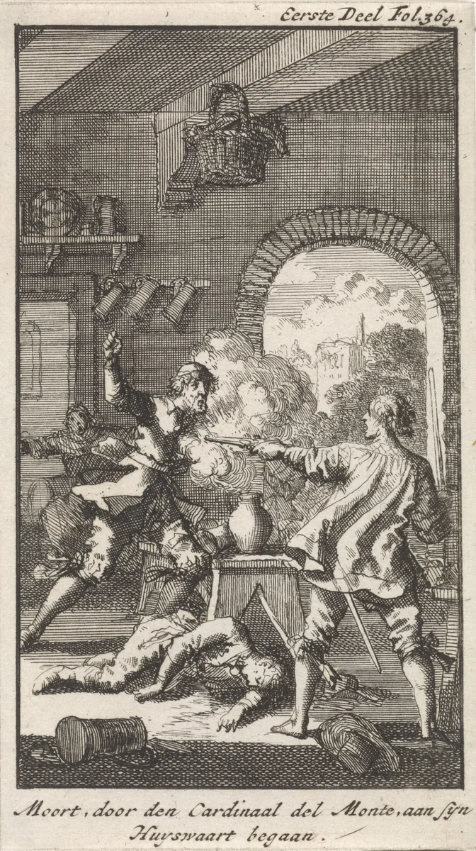 Moord door kardinaal Del Monte, 1560 by Jan Luyken, print, 1699