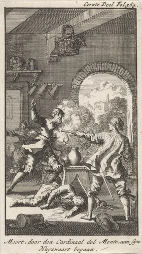Moord door kardinaal Del Monte, 1560 by Jan Luyken, print, 1699
