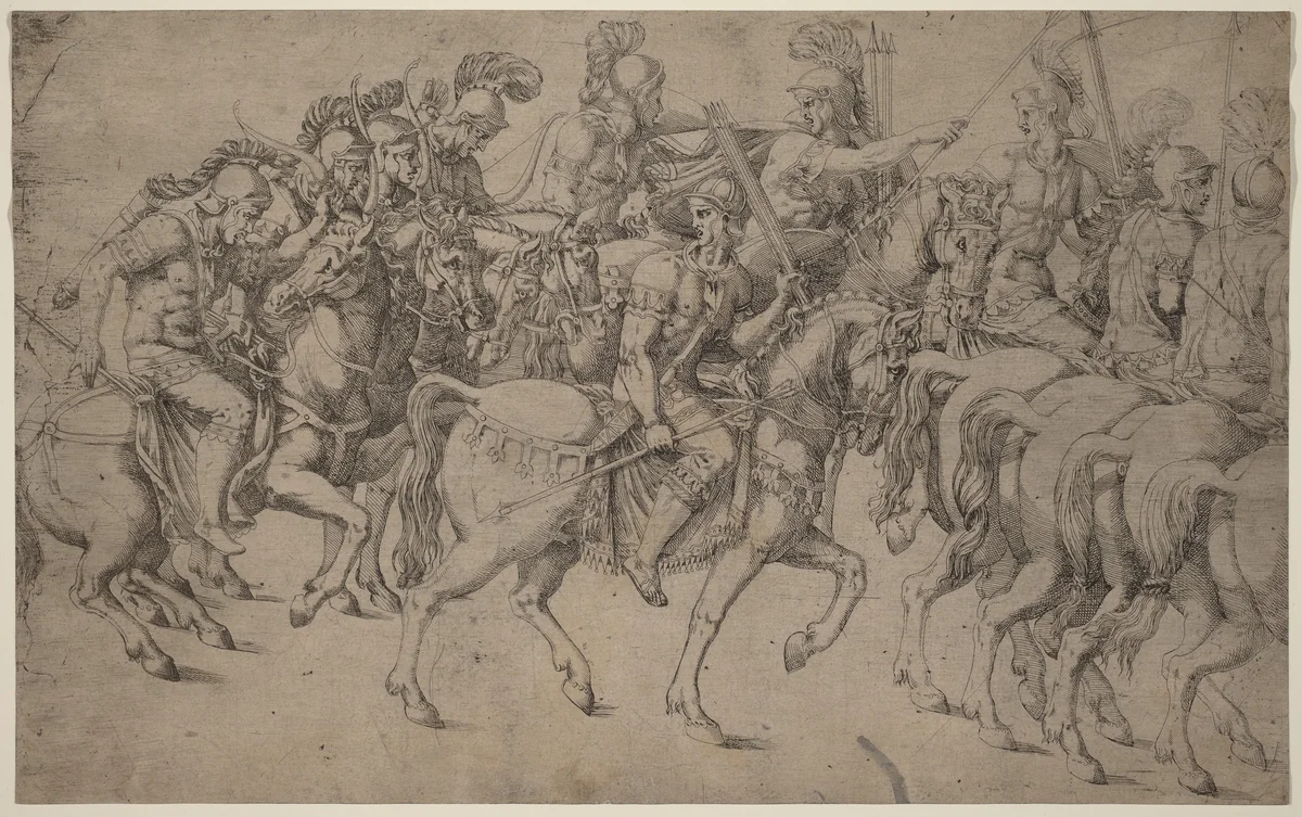 Riders Carrying Bows and Javelins by Antonio Fantuzzi; Giulio Romano, print, 1542