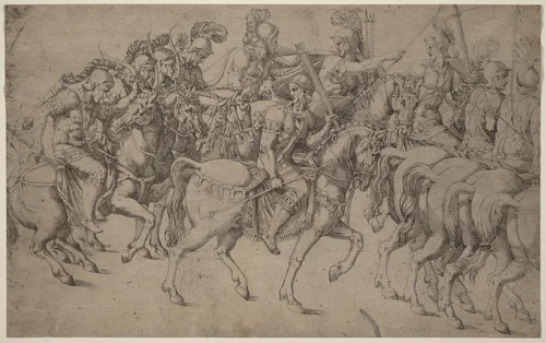 Riders Carrying Bows and Javelins by Antonio Fantuzzi; Giulio Romano, print, 1542