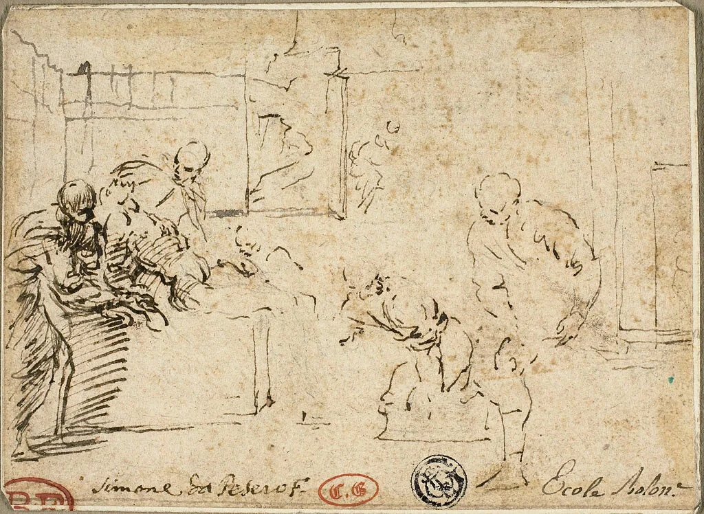 Interior with Male Nude Surrounded by Five Figures by Simone Cantarini, drawing, 1632-1648