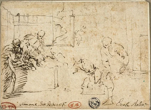 Interior with Male Nude Surrounded by Five Figures by Simone Cantarini, drawing, 1632-1648
