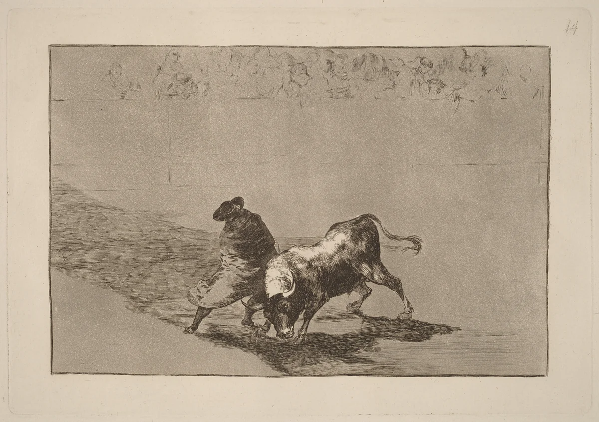 El diestrisimo estudiante de Falces, embozadoburla al toro con sus quiebros (The Very Skillful Student of Falces, Wrapped in His Cape, Tricks the Bull with the Play of His Body) by Francisco Goya, portfolio, 1816