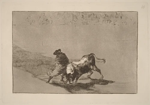 El diestrisimo estudiante de Falces, embozadoburla al toro con sus quiebros (The Very Skillful Student of Falces, Wrapped in His Cape, Tricks the Bull with the Play of His Body) by Francisco Goya, portfolio, 1816