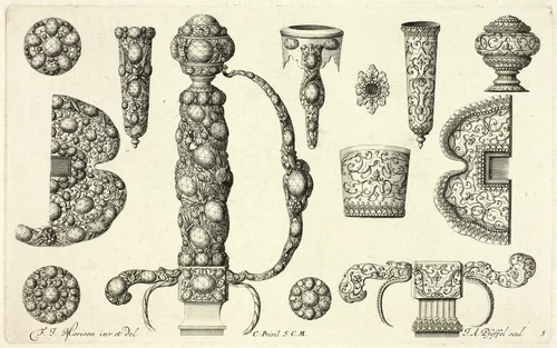 Designs for Jewelry by Joannes Andreas Pfeffel I, print, 1695-1697