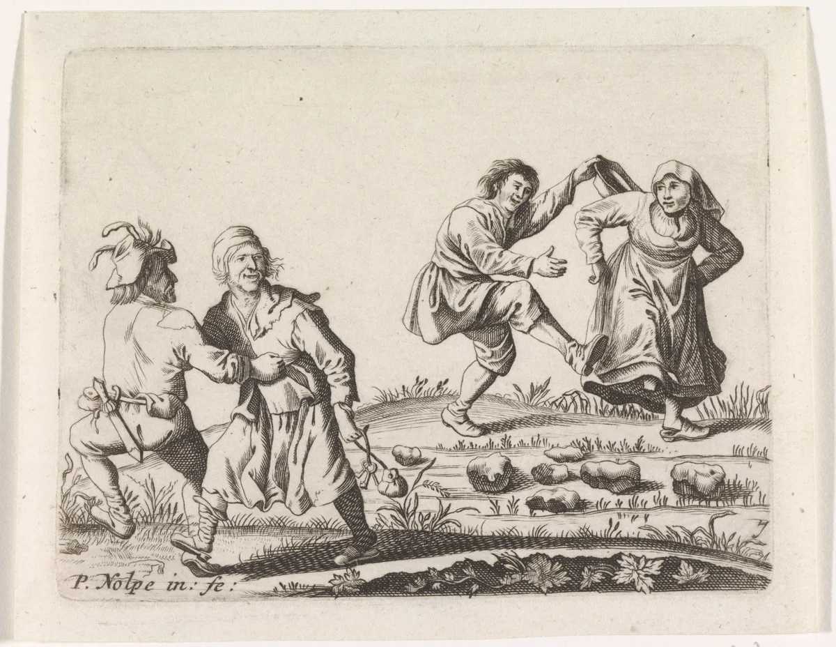 Twee dansende boerenparen by anonymous, print, 1623-1703