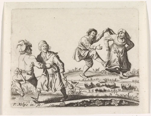 Twee dansende boerenparen by anonymous, print, 1623-1703