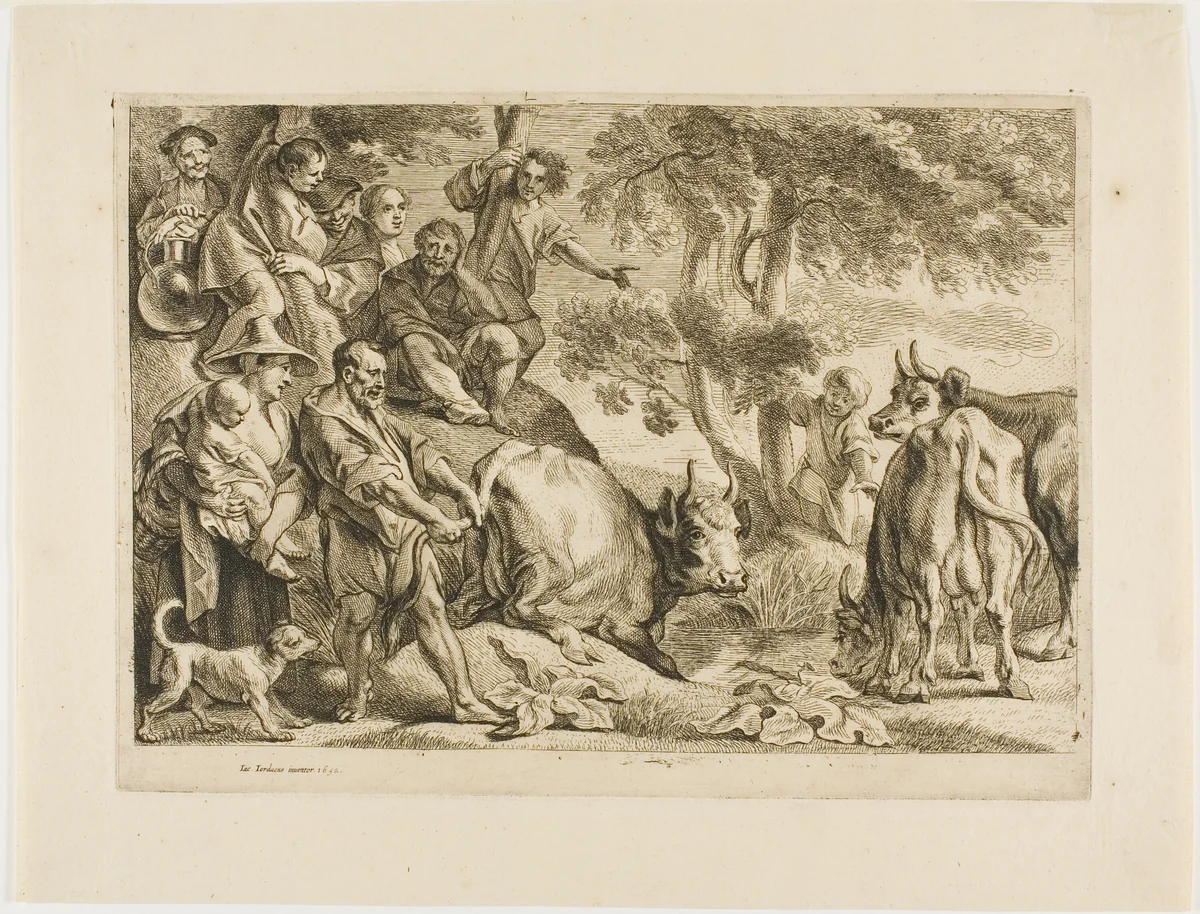 The Master Pulls the Cow Out of the Ditch by its Tail by Jacob Jordaens, print, 1652