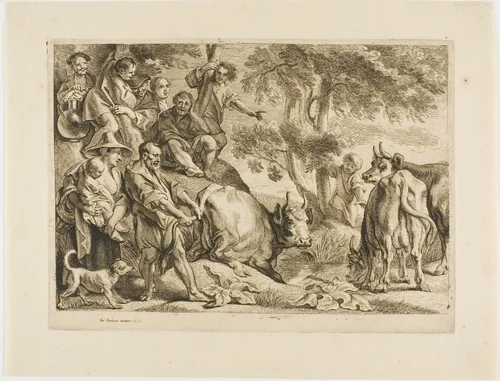 The Master Pulls the Cow Out of the Ditch by its Tail by Jacob Jordaens, print, 1652