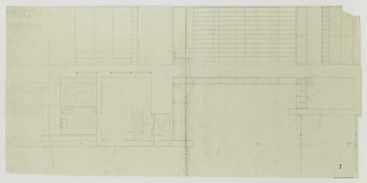 Tugendhat House, Brno, Czech Republic (Plan and elevation, library) by Ludwig Mies van der Rohe, mies van der rohe archive, 1928