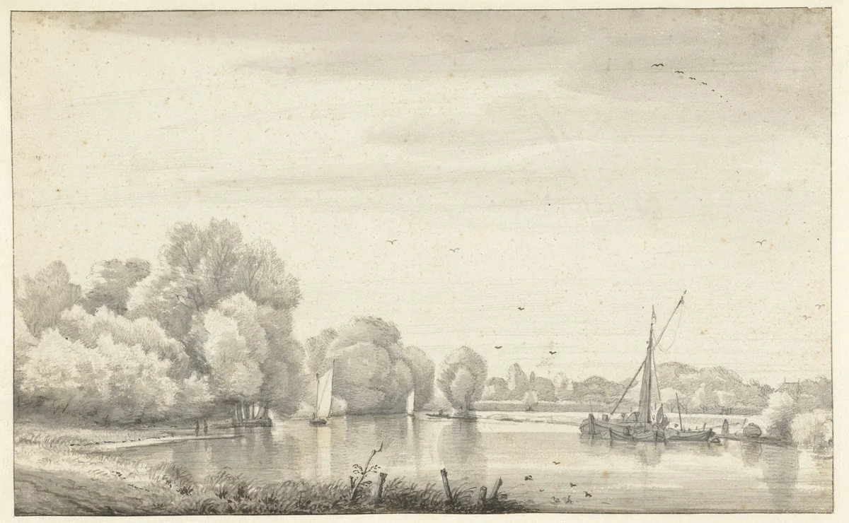 Rivier tussen bomen en weiden by Jacob Esselens, drawing, 1636-1687
