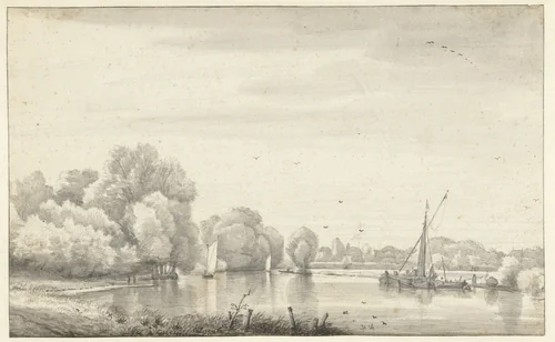 Rivier tussen bomen en weiden by Jacob Esselens, drawing, 1636-1687