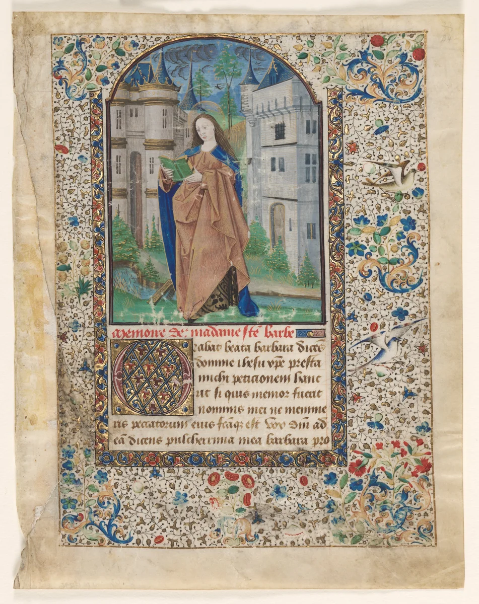 Leaf from a Book of Hours: St. Barbara (2 of 2 Excised Leaves) by Master of Jacques de Luxembourg, manuscript, 1460-1470