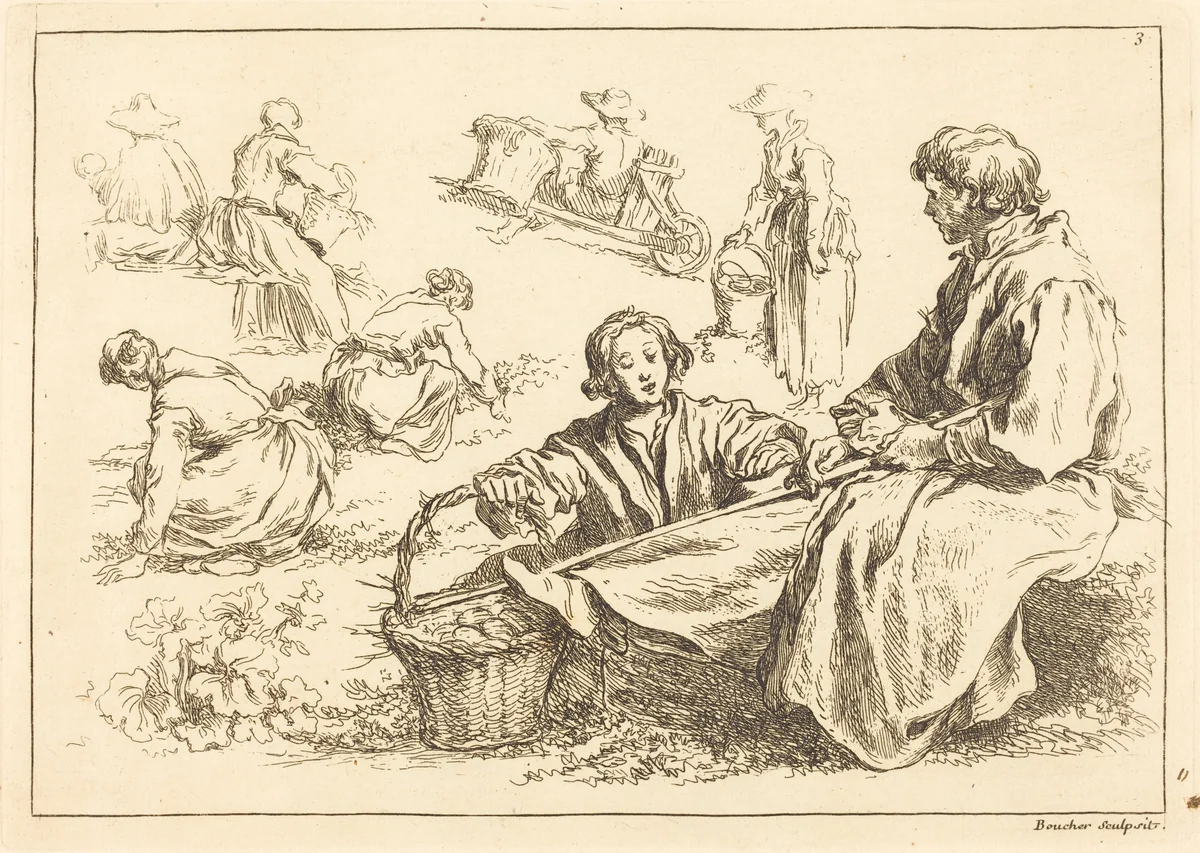 Figure Studies including Two Seated Peasants by François Boucher, print, 1735