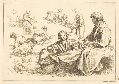 Figure Studies including Two Seated Peasants by François Boucher, print, 1735