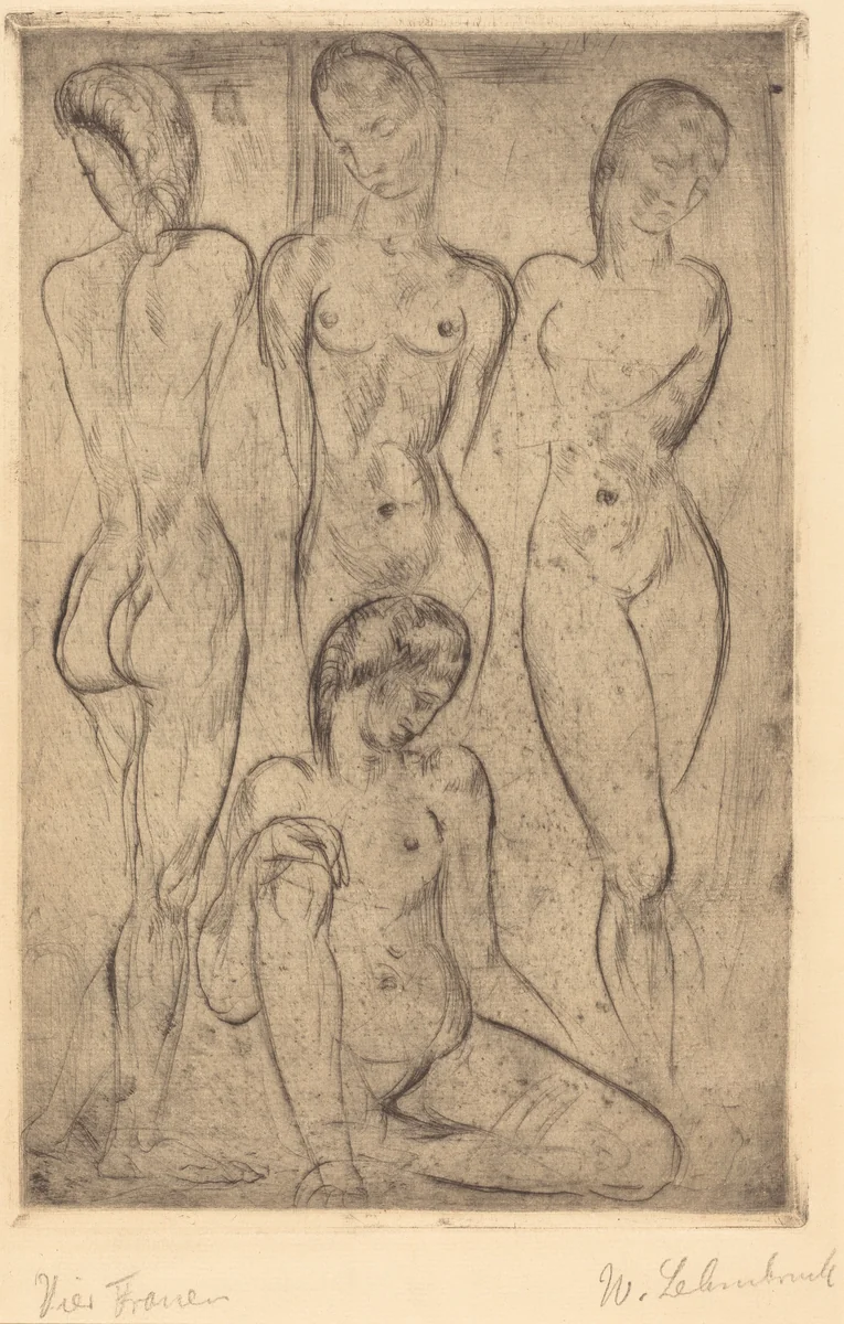Four Women; Three Standing, One Sitting (VierFrauen; drei stehend, eine sitzend) by Wilhelm Lehmbruck, print, 1913