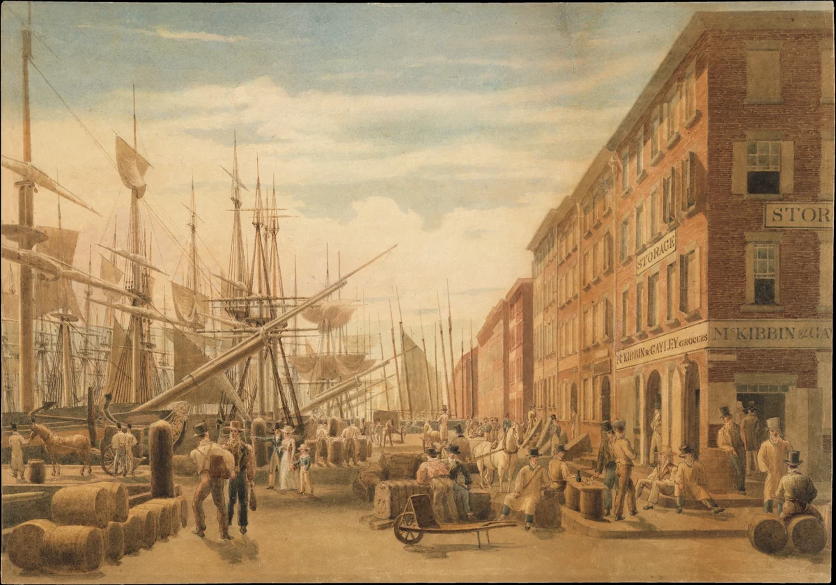 View of South Street, from Maiden Lane, New York City by William James Bennett, artwork, 1824-1830