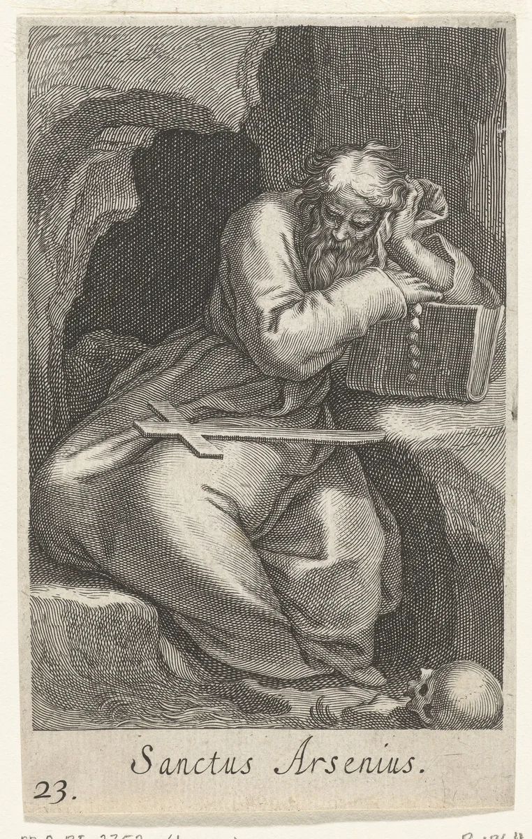 Heilige Arsenius de Grote als kluizenaar by Boëtius Adamsz. Bolswert, print, 1590-1612