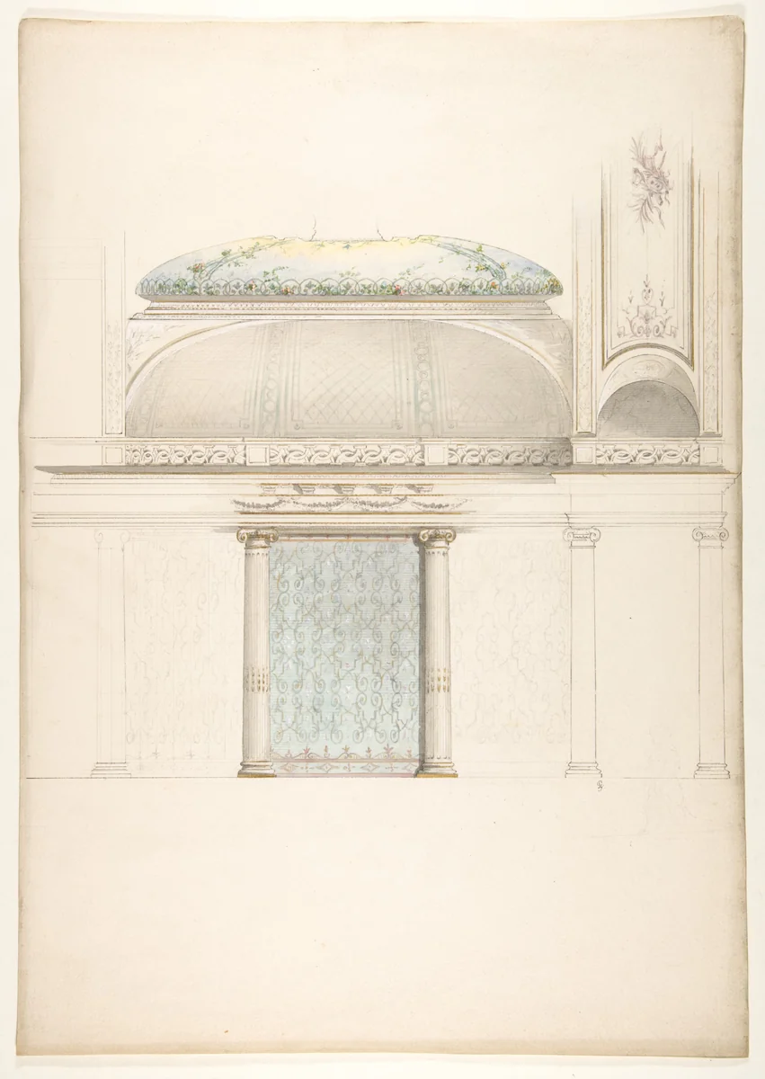Elevation and transverse section of a domed and colonnaded hall by Jules-Edmond-Charles Lachaise, drawing, 1850-1900