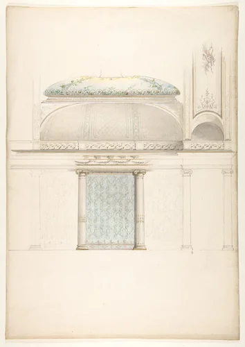 Elevation and transverse section of a domed and colonnaded hall by Jules-Edmond-Charles Lachaise, drawing, 1850-1900