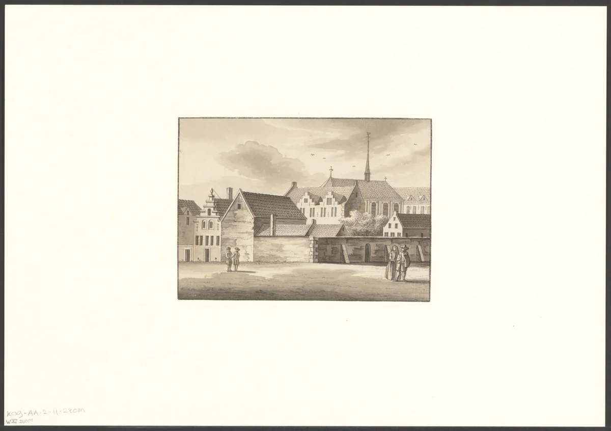 Gezicht op het Sint Ursula klooster vanaf de Kloveniersburgwal by anonymous, drawing, 1700-1799