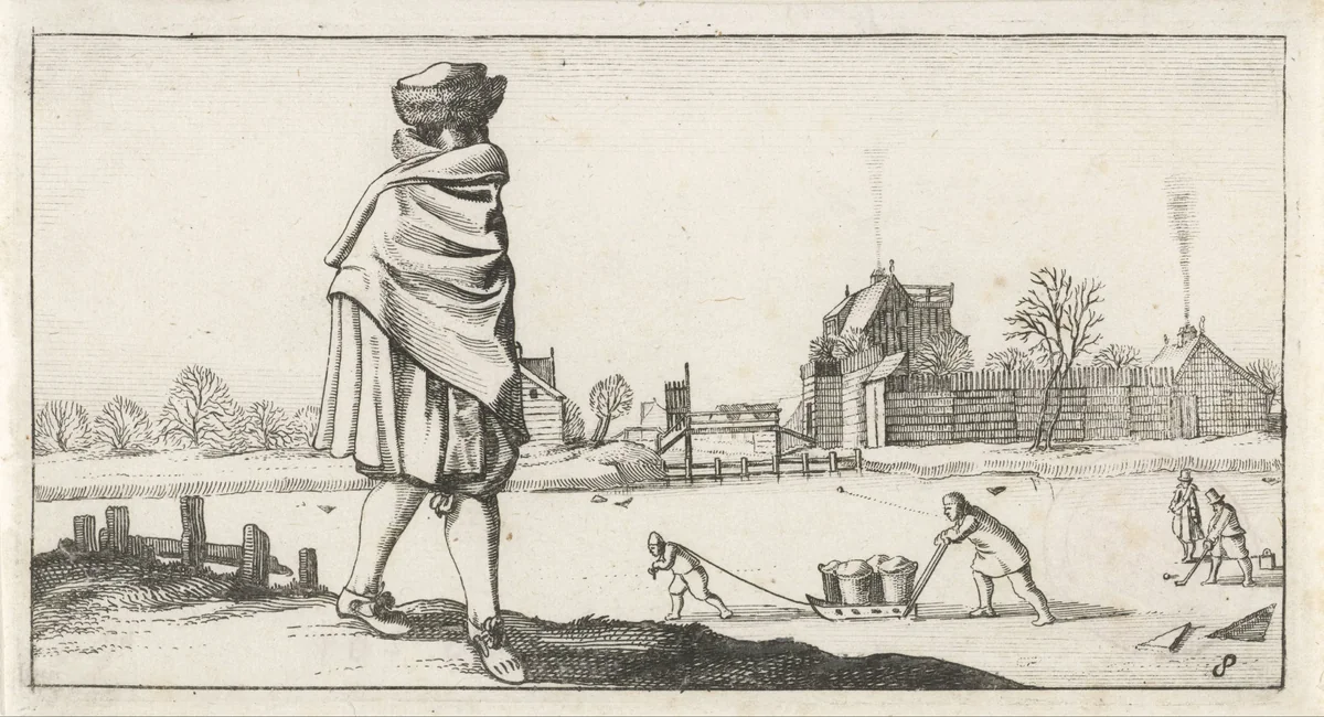 Man met bontmuts in een winterlandschap by Dirk Eversen Lons, print, 1622