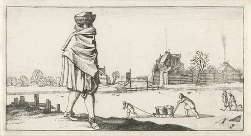 Man met bontmuts in een winterlandschap by Dirk Eversen Lons, print, 1622