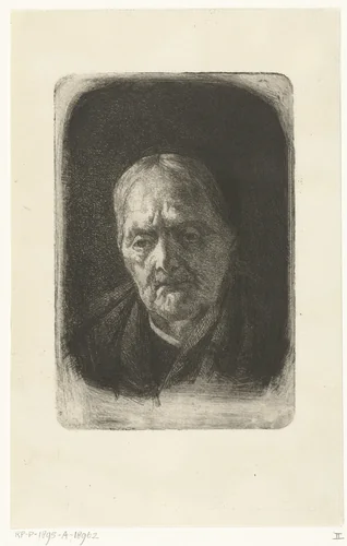 Hoofd van oude vrouw met zwart kapje en doek om haar schouders by Johanna Henriëtte Besier, print, 1875-1895