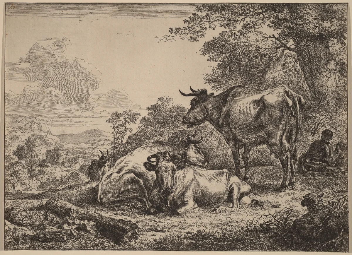 Resting Cows by Nicolaes Pietersz Berchem, print, 1620-1683