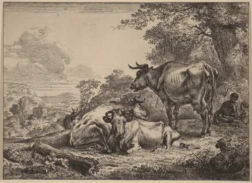 Resting Cows by Nicolaes Pietersz Berchem, print, 1620-1683