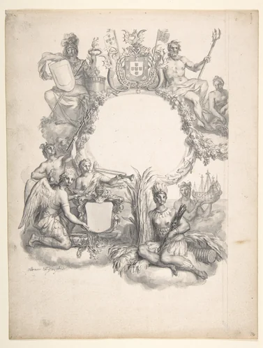 Design for a Frontispiece with an Allegory of Brazil by Ottmar Elliger the Younger, drawing, 1686-1735