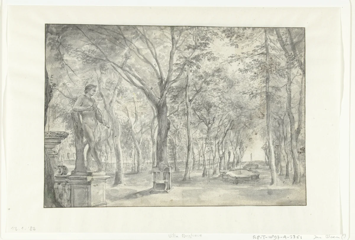 View in an Italian Garden (Villa Borghese?) by Jan Blom, drawing, 1652