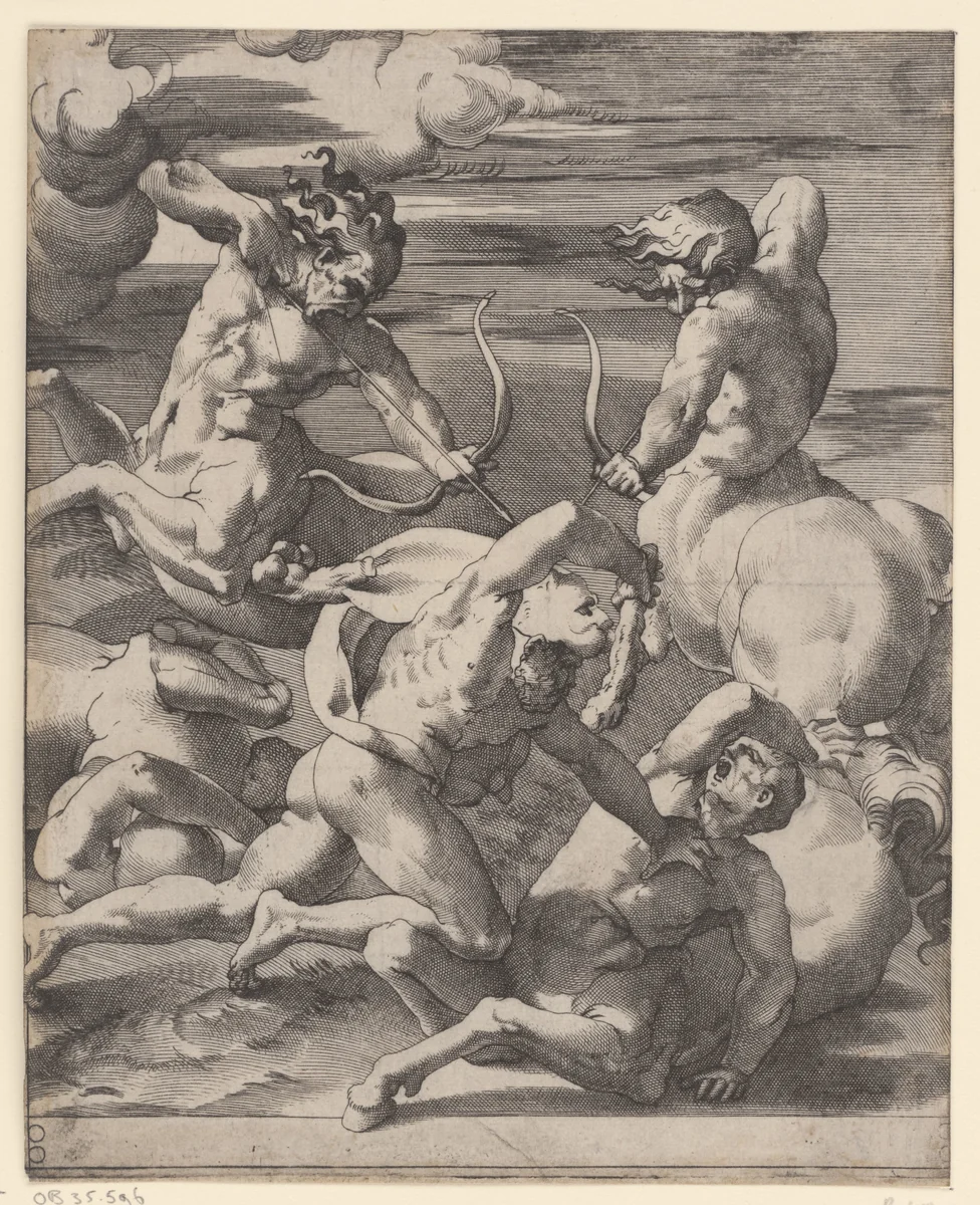 Hercules in gevecht met centauren by Giovanni Jacopo Caraglio, print, 1515-1565