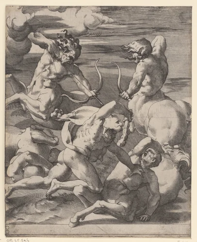 Hercules in gevecht met centauren by Giovanni Jacopo Caraglio, print, 1515-1565
