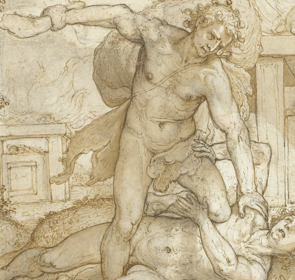 Kaïn slaat Abel dood met de ezelskinnebak by Domenico Passignano, drawing, 1590-1599