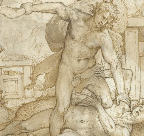 Kaïn slaat Abel dood met de ezelskinnebak by Domenico Passignano, drawing, 1590-1599