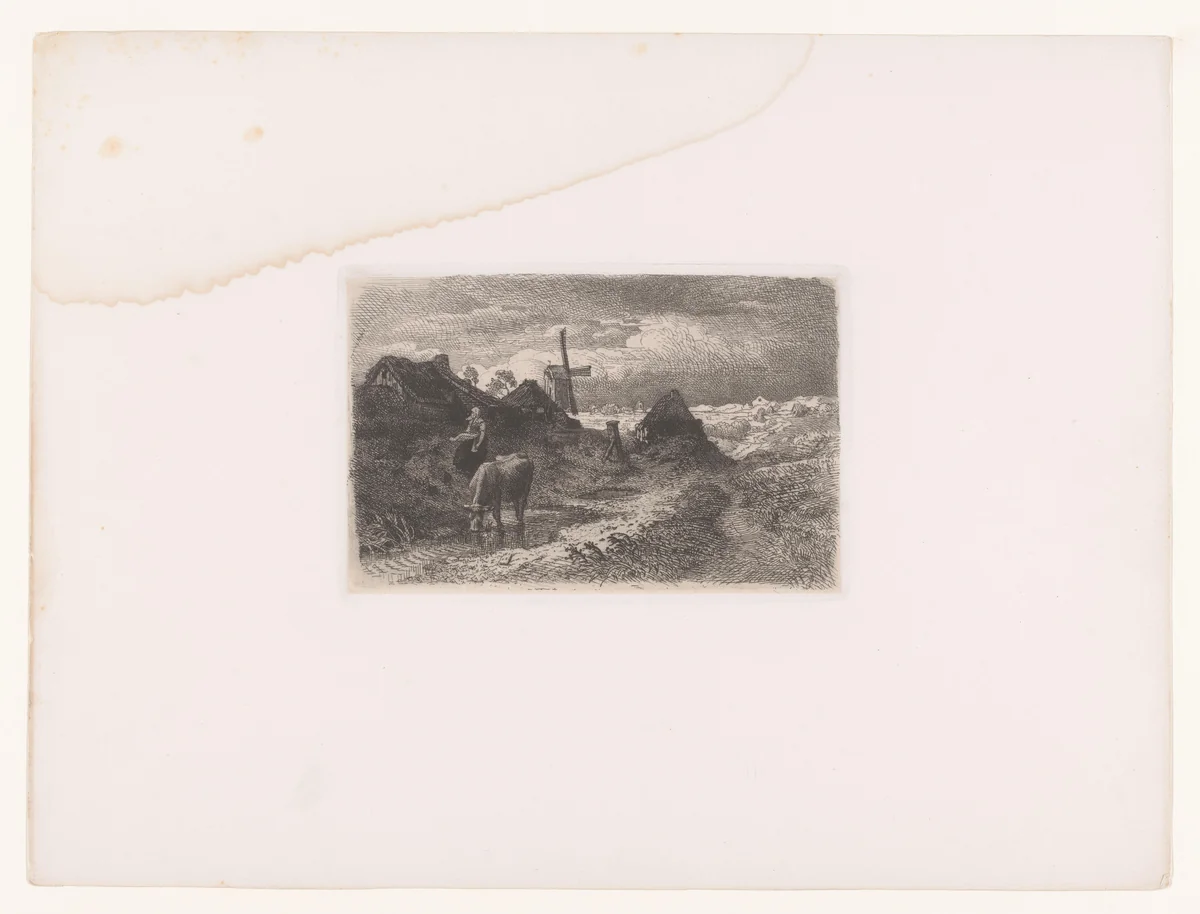Landschap met een molen, een vrouw en een grazende koe by Andreas Achenbach, print, 1862
