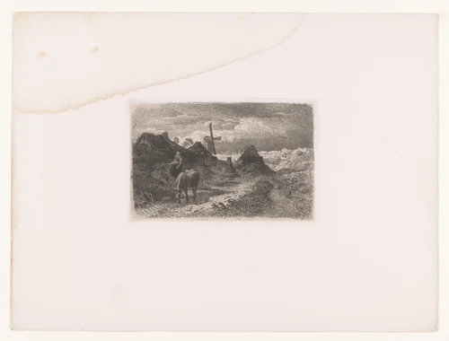 Landschap met een molen, een vrouw en een grazende koe by Andreas Achenbach, print, 1862
