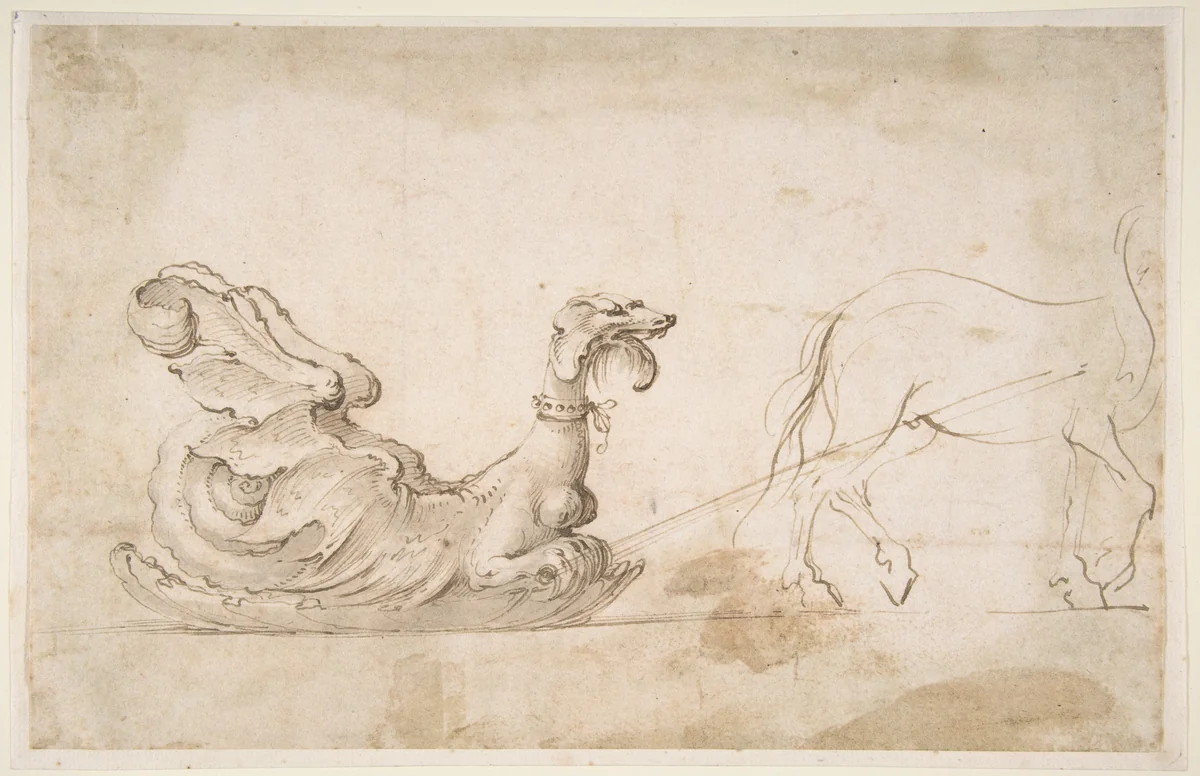 Design for A Sleigh in the Form of a Griffin, Drawn by a Horse by Stefano della Bella, drawing, 1610-1664