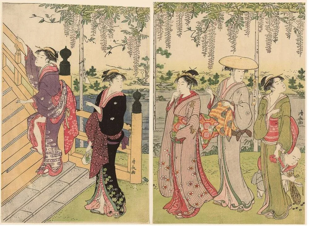 Admiring the wisteria at the Kameido Shrine by Torii Kiyonaga (鳥居清長), print, 1781-1791