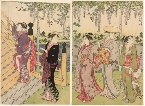 Admiring the wisteria at the Kameido Shrine by Torii Kiyonaga (鳥居清長), print, 1781-1791