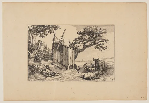 Dilapidated Barn with Herd and Cattle, from Landscapes (Verscheyden aerdige Lanthuysen...) by Claes Jansz Visscher, print, 1620