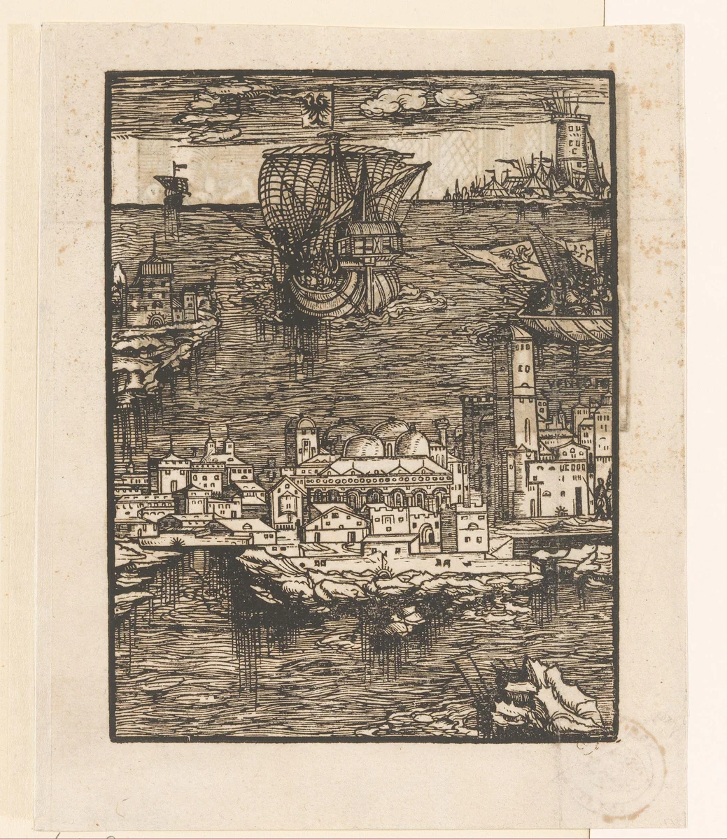 Gezicht op Venetië met een beschieting tussen een Venetiaans en een Rooms-Duits schip by anonymous, print, 1566