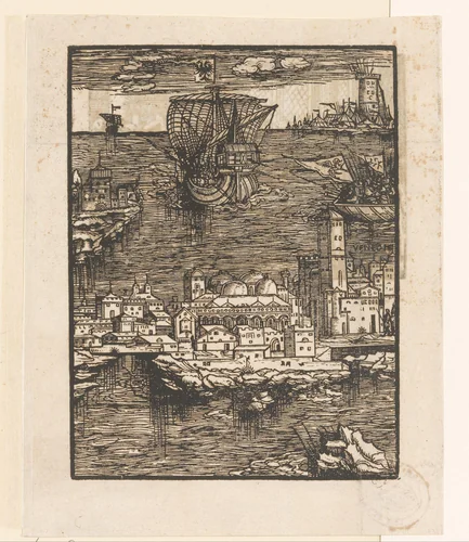 Gezicht op Venetië met een beschieting tussen een Venetiaans en een Rooms-Duits schip by anonymous, print, 1566