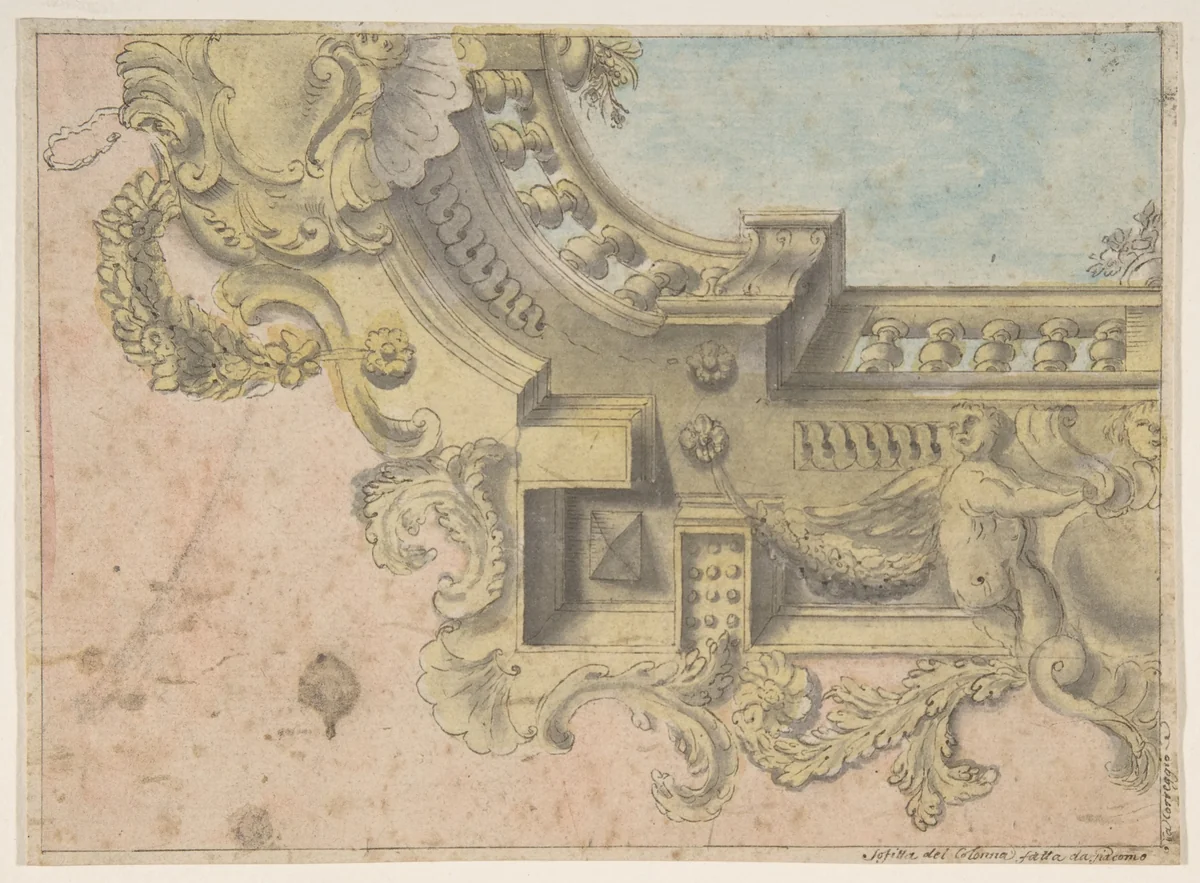 Design for a Decorated Ceiling with Putti and Garlands and a Forshortening of a Balustrade Around an Oculus. by Michelangelo Colonna, drawing, 1600-1700